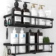 Kitsure Shower Caddy - 2 Pack Rustproof Stainless Steel Bathroom Organiser, Wall-Mounted Shower Shelf with 4 Hooks for Bathroom Storage, Minimalist Style, Large Capacity, 10.0 x 29.5 x 5.5 cm, Black