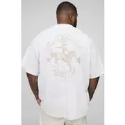 Mens White Plus Oversized Extended Neck Western Print T-Shirt