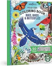 eeBoo: Fold-Out Coloring Book - Bugs, Birds & Butterflies - 50 Stickers, 39" of Coloring & Stickering Space, Oversized Activity Fun, Kids Ages 3+