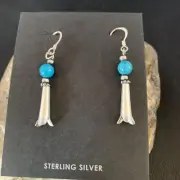 Womens Squash Blossom Sterling Silver Blue Turquoise Dangle Earrings 1.25" 13019