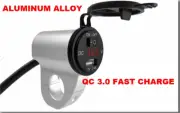 7/8" Motorcycle USB Charger Aluminum Alloy With Volt Meter-On/Off Switch-Silver