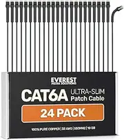 Everest Ultra Slim Cat6a Ethernet Patch Cables 0.5ft (24-Pack) Black - 6 Inch 10GB Cat 6a Patch Cable - Bendable, Flexible & Thin Ethernet Cable - 32AWG 550MHZ Cat6a Cables - 100% Copper Wires