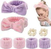 ZANZER 8 Pcs Makeup Spa Headband,Face Wash Facial Headband and Wristband Set,Wrist Wash Bands, Skincare Headbands with Wristband Set, Hair Headband Face Wash Wristbands for Washing Face (Pink + Purple)