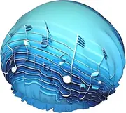 Sky Blue Musical Notes Print Shower Cap For Women Men Reusable Lightweight Soft Bath Hair Cap With Elastic Band