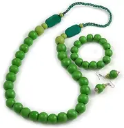 [Avalaya] Grass Green Wooden Bead Necklace, Flex Bracelet and Drop Earrings Set - 80cm Long, One Size, wood, cords, No Gemstone