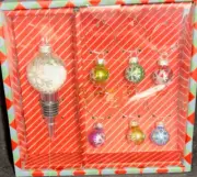 Holiday Christmas Wine Bottle Stopper/Cork &6 Glass, Blown Wine Glass Charms
