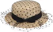 [Xiang Ru] Summer Beach Straw Sun Hat Black Dot Mesh Bowknot for Parent Child Wide Brim Flat Top Holiday Travel Vacation Cap