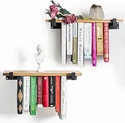 Floating Bookshelves Set of 2 - Double Storage Unique Wall Bookshelf - Natural Wood & Metal Brackets Bookshelf Wall Mount, Space-Saving Hanging Bookshelf 16.5W x 6.7D