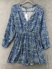 Zara Dress XS Blue White Animal Print Mini A-Line V-Neck Long Ballon Sleeves NWT