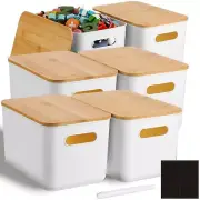 6 Pcs Storage Bins with Bamboo Lids Plastic Storage Containers Stackable Stor...