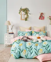 Botanist Sky Blue Large Flower 5 piece bedding set DOUBLE, QUEEN, KING (Quilt Cover, Flat Sheet, Fitted Sheet, 2 Pillow Cases)