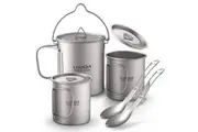 Lightweight Ti 5 Pieces Set Ti 750ml Pot 450ml and 350ml Water Cup with Lid Collapsible Handle Folding Spork for Outdoor Camping Hiking Backpacking (750ml Pot & 450ml and 300ml Cup & Spork)