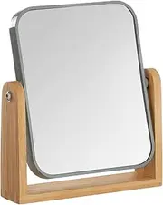 YEAKE Double Sided 3X Magnifying Makeup Mirror with Bamboo Stand,Small Desk Table Mirror with 360° Rotation,Standing Portable Cosmetic Mirror,Good for Shower,Shaving and Traveling-Grey