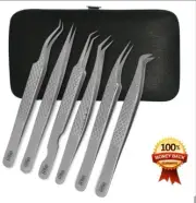 Professional Silver Eyelash Extension Tweezers set of 6 in a Magnetic Case