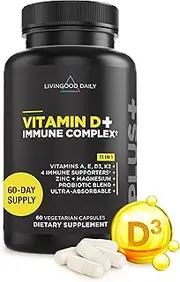Livingood Daily Vitamin D, 60 Capsules - D3 Vitamin (4000 IU) Plus K2 Vitamin (200mcg) - Powerful Vitamin D3 K2 with Vitamin A, Vitamin E, Zinc, Magnesium & Probiotic Blend - Effective 9 in 1 Formula