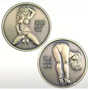 New In Plastic Case Metal Naughty Heads or Tails Token Coin Silver Color .