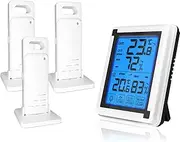 ThreeH Indoor Outdoor Thermometer Digital Hygrometer with 3 Wireless Sensors Humidity Guage Accurate Temperature Monitor with Touchscreen LCD Backlight (3 Sensors)