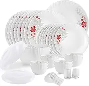 KRISHANA EXPORT STORE Opalware Dazzle Series Scarlet Bliss Dinner Set - 49 Pieces | Opal Glass Dinner Set for 8 | Everyday Crockery Set for Dining | Elegant White Plate and Bowl Set