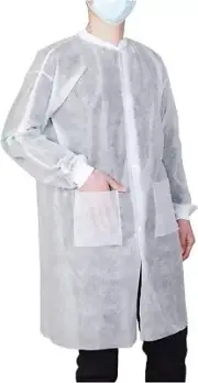 Case of 50 Disposable Lab Coats 2 Pockets w/ Knitted Cuffs Collar (S-2XL)