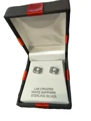 New Lab Created White Sapphire Sterling Silver Stud Earrings w/ Gift Box