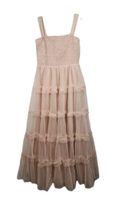 Listicle Womens Small Light Pink Smocked Ruffle Tiered Tull Mesh Midi Dress