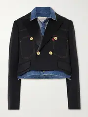 [Sacai] Sacai - + Levi's Double-breasted Cropped Layered Satin And Denim Jacket - Black - 3 3 Black