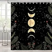 iTapnoom Moon Phase Black Shower Curtains, Wildflower Floral Leaves Plants Gothic Witchy Shower Curtain Set for Bathroom Decor, Waterproof Cloth with 12 Hooks, 72x72 inch
