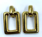 Vintage ST JOHN 1980s 22KGP Signed Rectangle Hoop Dangle Clip On Earrings Large