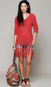 Free People Fringe Hooded Pullover Sweater Santa Rosa Cherry Red Boho Hippy XS
