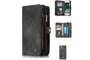 CaseMe For Apple iPhone SE 2022 Zipper & Detachable Retro Leather Pouch Wallet Flip Purse Bag Detachable Phone Case Cover (Black)