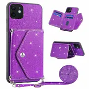 For iPhone 12 mini 5.4 inch Shoulder Strap Phone Case Card Holder Cover with Glittery Powder Decor
