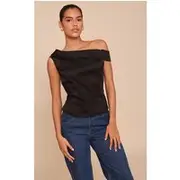 Black Asymmetric Fold Over Detail Top, Black