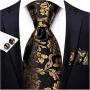 [VSOLS] Men's Blue Black Striped Tie 3.4" Tie Pocket Square Cufflinks Wedding Party Silk Tie Set (Color : SN-3385, Size : 59.06 * 3.35in)