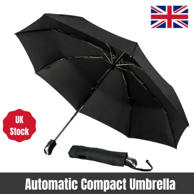 Strong Auto Open Mens Umbrella Windproof Chrome Handle Folding Compact Brolly