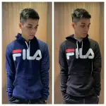 美國百分百【全新真品】 FILA 連帽 T恤 帽T 長袖 大LOGO 運動潮流 復古 潮人必備 黑色/深藍 AO35