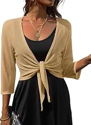 [PrinStory] Women's Tie Front Shrug 3/4 Sleeve Bolero Cardigan Lightweight Summer Casual Short Scarf Top, Light Coffee, L