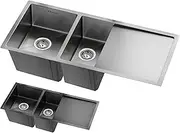 ALFORDSON Stainless Steel Kitchen Sink Double Bowls with Drainboard & Waste Strainers, 1000mm x 450mm x 205mm, Water Basin Sinks with 3mm Thick Edge, Dishwashing Workstation, Silver Color