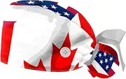 [WOSHJIUK] Working Hat 2 Pack Scrub Caps for Women,Canadian USA Flag Wave,Tie Back Cap Adjustable Scrub Hat