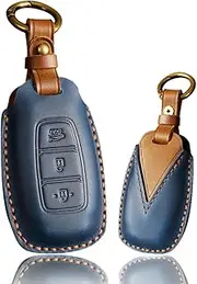 Ontto Leather Car Key Case fit for Hyundai Palisade Accent Santa Fe Veloster Kona Electric Nexo Elantra GT i30 Key fob Cover Keyring Remote Key Holder Keychain Key Protective Accessories Blue