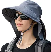 [Wedhapy] Summer Sun Hat Ladies Wide Brim Bucket Cap UV Protection UPF 50+ with Neck Flap & Ponytail Hole