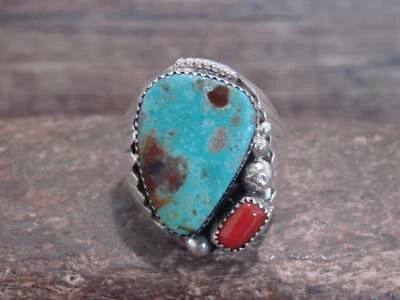 Native American Sterling Silver Turquoise & Coral Ring - Signed Thomas Jr - S...