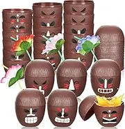 Yungyan 24 Sets Tiki Totem Coconut Cups with Flower Straws 16oz Tiki Face Coconut Cups for Hawaiian Birthday Luau Party Summer Party Favors