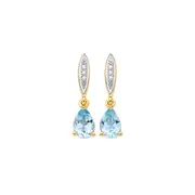 9ct Gold Blue Topaz & Diamond Drop Stud Earrings in Blue