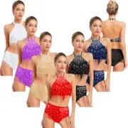 Women's Dance Costume Glitter Crop Tops with Fringe Briefs Belly Dance Outfits