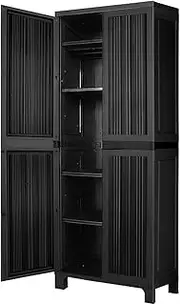 [LI LIVSIP] Outdoor Storage Shed - Plastic Vertical Storage Cabinet with Adjustable Shelves Lockable Doors 6 Hooks, for Store Garden Tools Accessories, 173CM Height, Stripe Black