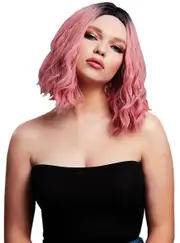 Short Wavy Ash Pink Bob with Dark Roots Womens Costume Wig