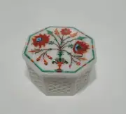 White Stone Inlay Work Trinket Box for Her Octagon Shape White Marble Watch