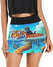 [RPLIFE] Cute Cat Tiger Fish Blue Women Sport Skirt, Womens High Waisted Tennis Skort, Exercise Skort Women