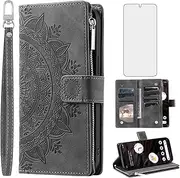 Phone Case for Google Pixel 7A 5G 2023 Wallet Cover with Tempered Glass Screen Protector and Wrist Strap Mandala Flower Flip Zipper Slot Stand Credit Card Holder Cell Pixel7A A7 Women Men Grey