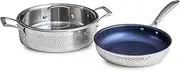 [Blue Jean Chef] 3-Piece Stainless Steel Cookware Set, Hammered Finish, Tri-Ply Construction Clad Cookware, Nonstick; Induction, Oven & Dishwasher Safe
